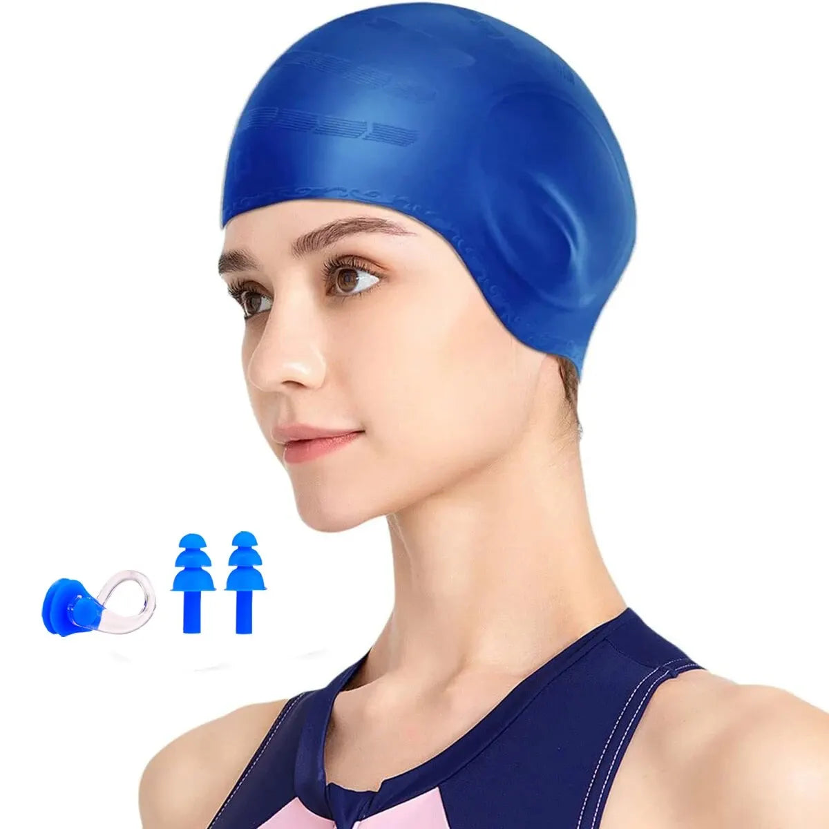 1pc Swimming Cap, Men's and Women's Swimming Cap, Waterproof Cap, 1 Nose Clip, 2 Rarplugs, 3D Rar Ergonomic Design