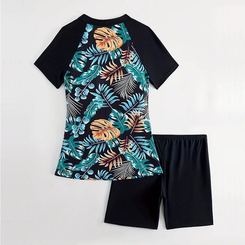 2 Piece Women Tropical Vacay Tankini Set Swimwear, High-Stretch Fabric Short Sleeve Top & High Waist Boxer Shorts Swimsuits