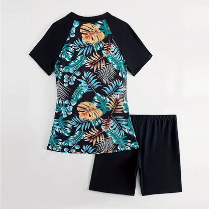 2 Piece Women Tropical Vacay Tankini Set Swimwear, High-Stretch Fabric Short Sleeve Top & High Waist Boxer Shorts Swimsuits
