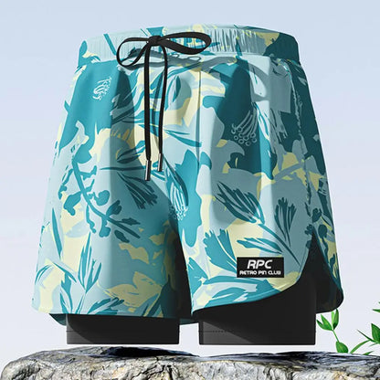 Men Summer Swimming Trucks Elastic Waist Drawstring Printing Swimming Shorts with Supportive Compression Liner Pockets Printing Swimming TrucksL-4XL