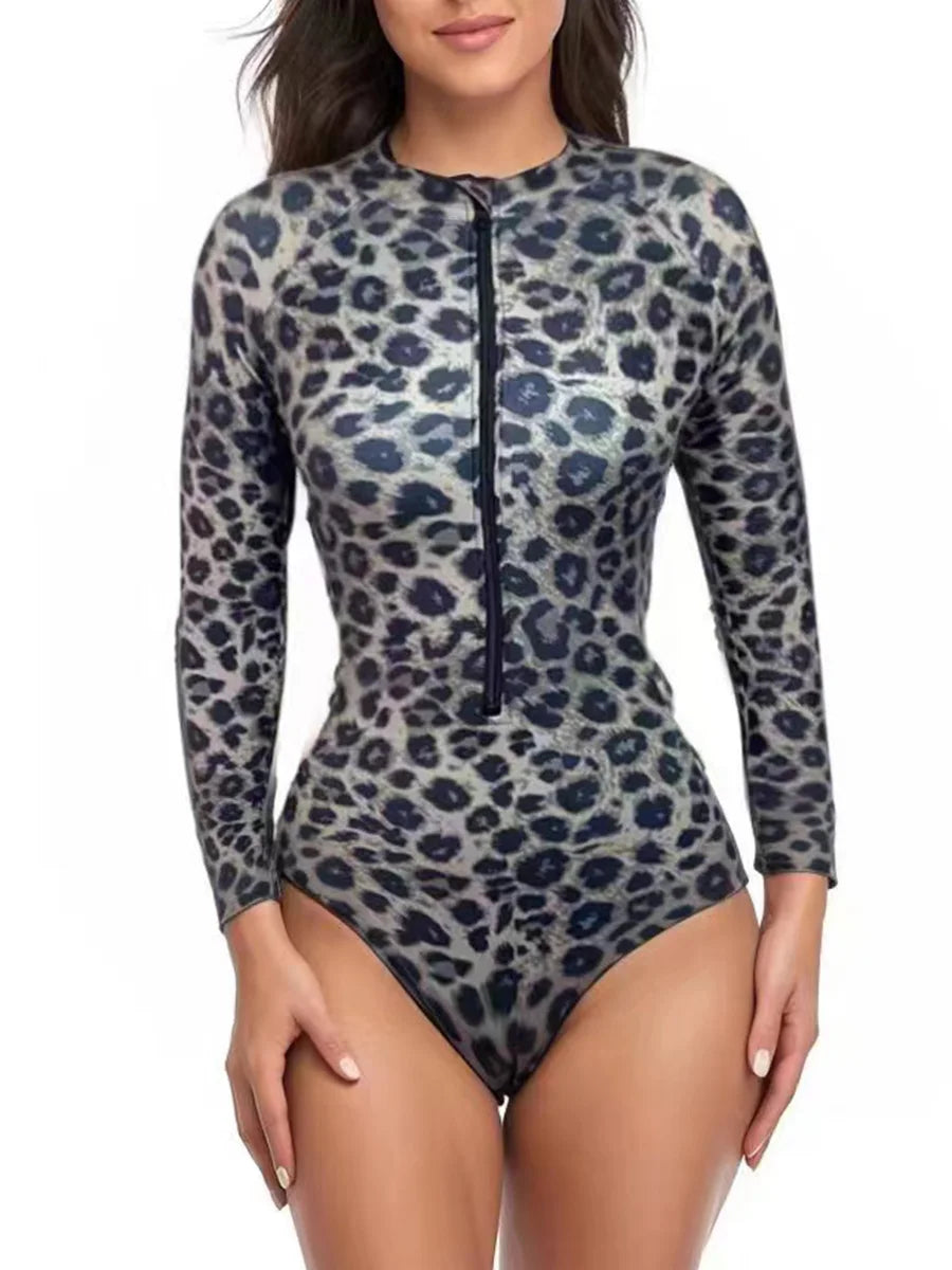 Leopard Long Sleeve Surfing Swimsuit With Zipper Women Swimwear Female Bathers Bathing Swimming Swim Suit Beachwear