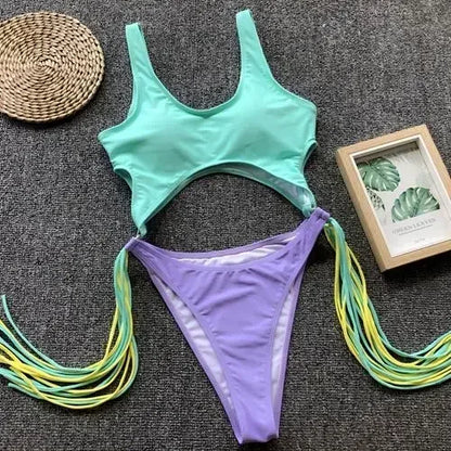 Splicing High Cut Out One Piece Swimsuit Women Tassel Swimwear Female Bathing Suit String Leopard Bikini Monokini Lady