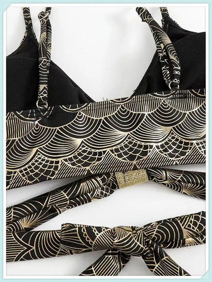 Metallic Stitch Strap Bikini  Women Push Up Gold print Swimsuit Female High Waist Swimwear Bathers Bathing Suit Beachwear