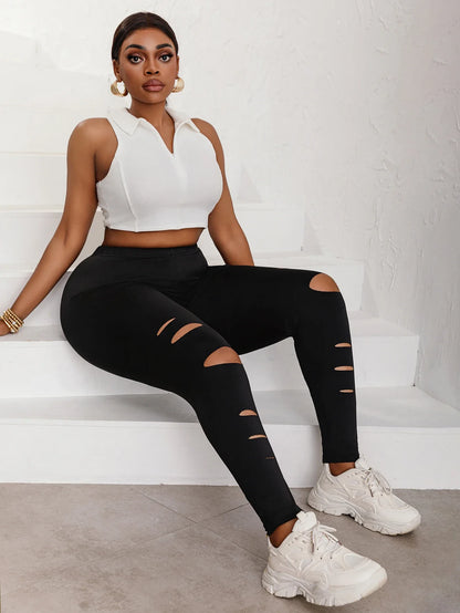 Plus Size Women's Leggings Trendy Faux Cut-Out Stripe Design Comfortable High-Elasticity Knit Pants Solid Color Base Trousers