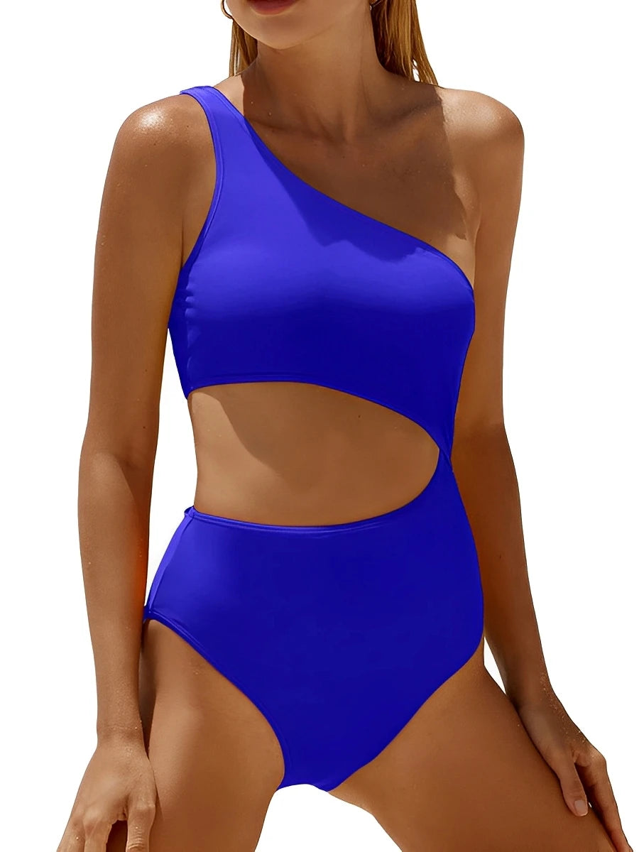 One Shoulder Swimsuit Women One Piece Solid Hollow Swimwear Female Bathers Bathing Swimming Swim Suit Beachwear XXL