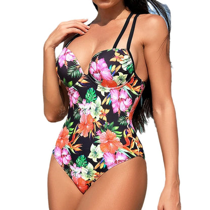 Floral Print One Piece Swimsuit Women Push Up Underwire Monokini Holiday Criss Cross Swimming Bathing Suit Swimwear