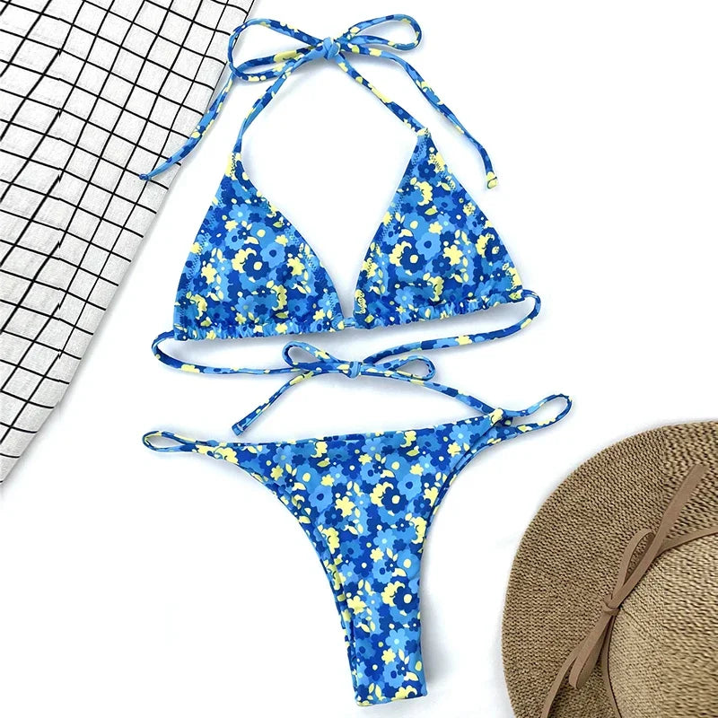 Floral Print Halter Mini Micro String Bikini Female Swimsuit Women Swimwear Two-pieces Bikini Set Bather Bathing Suit Swim Lady