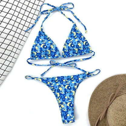 Floral Print Halter Mini Micro String Bikini Female Swimsuit Women Swimwear Two-pieces Bikini Set Bather Bathing Suit Swim Lady