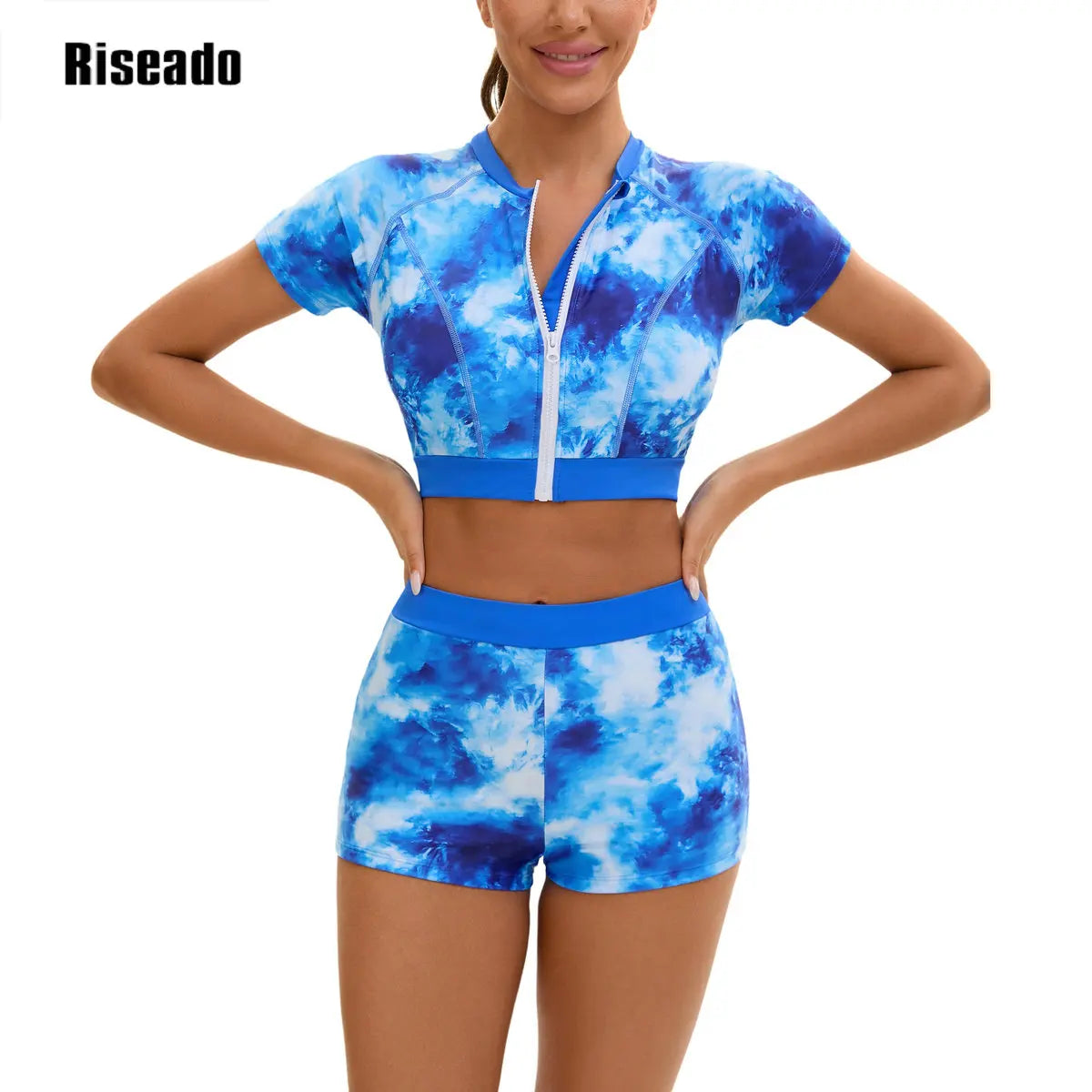 Women's 2 Piece Tankini Set Short Sleeve UPF 50+ Swim Shirt Built in Bra Bathing Suit with Boy shorts Bottoms