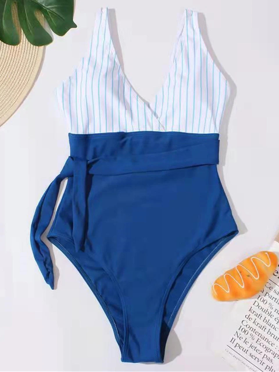 Striped V-neck Swimsuit One Piece Strap Swimwear Women Knot Side Bathing Suit Female Padded Monokini Swimming Beachwear Bodysuit