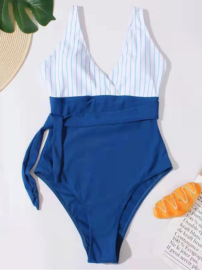 Striped V-neck Swimsuit One Piece Strap Swimwear Women Knot Side Bathing Suit Female Padded Monokini Swimming Beachwear Bodysuit