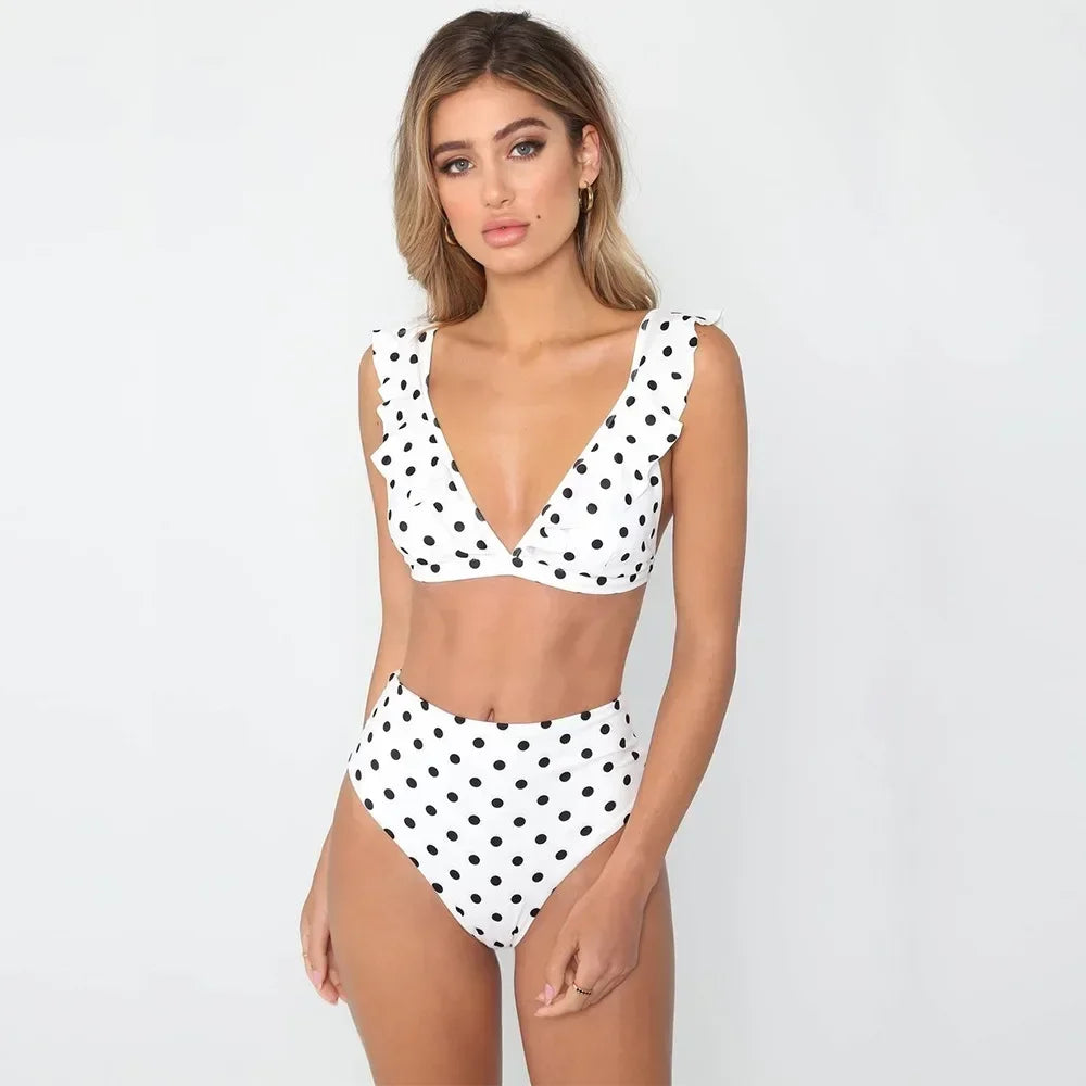 Bikini Women Swimwear Swimsuit Dot Ruffle High Waist Deep V Bikinis Set Beach Bathing Suit Female Trajes De Bano Mujer