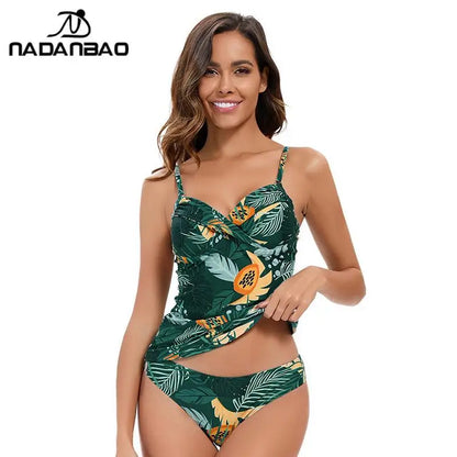 V-Neck Tankini Swimsuit Women Holiday Party Floral Printing Tankini Female Summer Fashion Elegance Swimwear