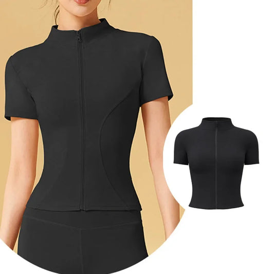 Aiithuug Yoga Tops Zipper Short Sleeve Gym Shirts Waist Slimmer Zip Up Sports Workout Top Fitness Jackets Running Slim Fit Tops