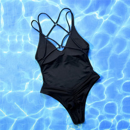 Solid Blue Backless Swimwear One Piece Swimsuit Women Back Cross String Bathers High Cut Bathing Suit