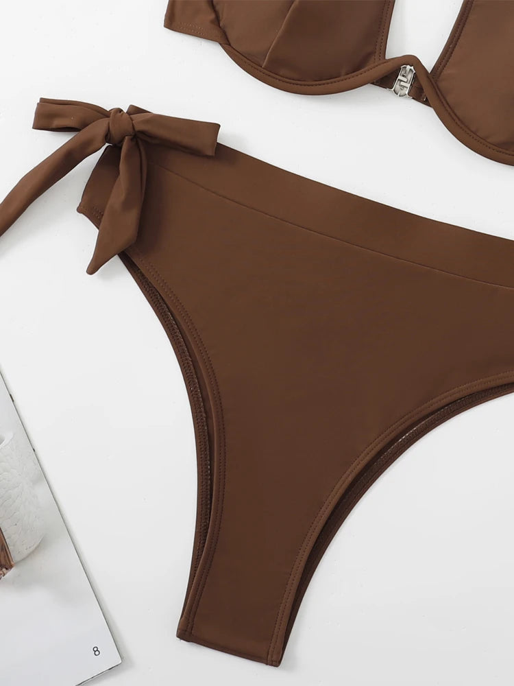 Solid Color Halter Swimwear Women Hollow Push UP Bikini Set High Waist Summer Swimsuit Backless Beach Bathing Suit