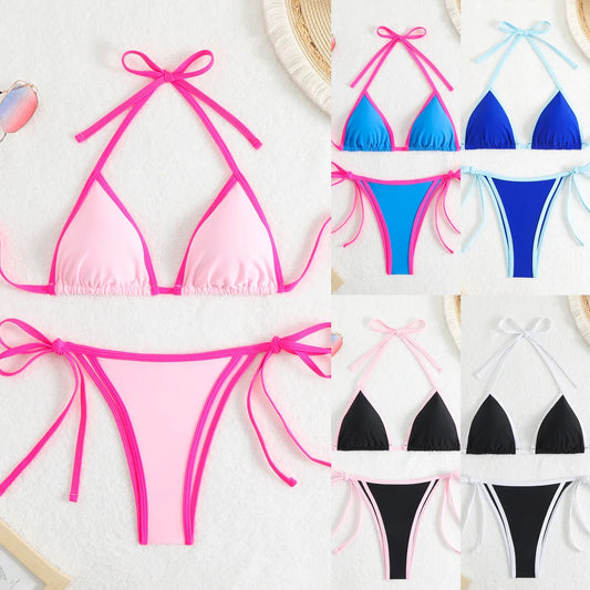 Bikini Sets Solid Split Joint Swimsuit Fashion Beach Pool Adjustable Lacing Women Swimwear Bikini Suit