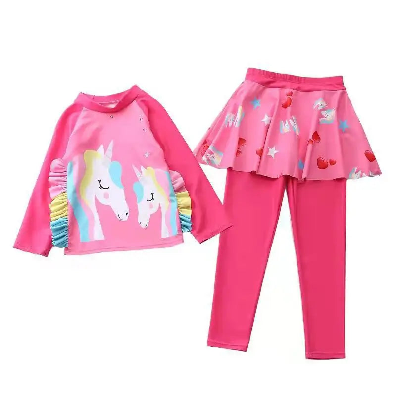 Unicorn Mermaid Kids Swimwear for Girls Long Sleeve Rash guard Pants Leggings Modest Children's Swimsuit Bathing Suit Beach Wear
