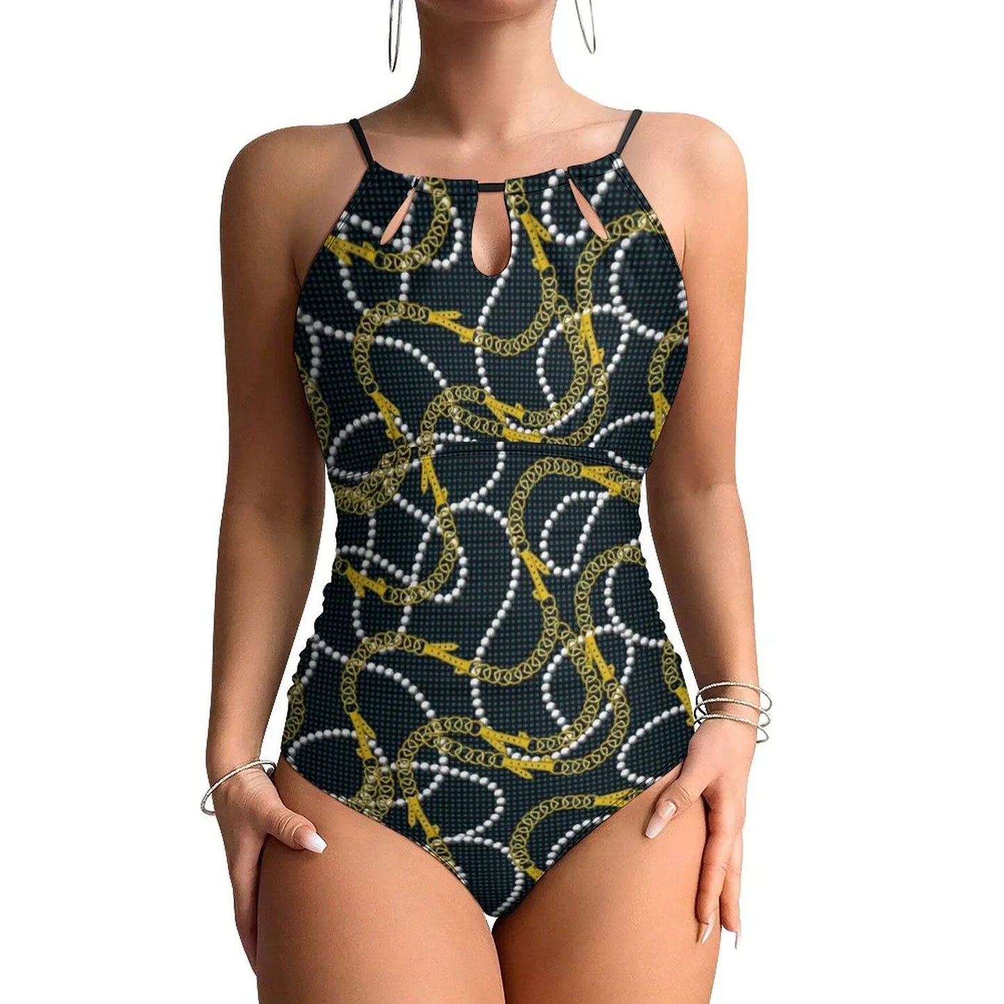 Gold Chains Print SwimsuitTropic Parrots Female Swimwear One Piece Vintage Swimsuits Beach Push Up Cut Out Bathing Suits