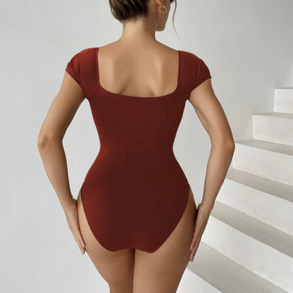 Nadanbao Women One Piece Swimsuit Solid Swimwear Bodysuit Stretch Short Sleeve Slim Thong Bodycon Bodysuit Top Club Outfit