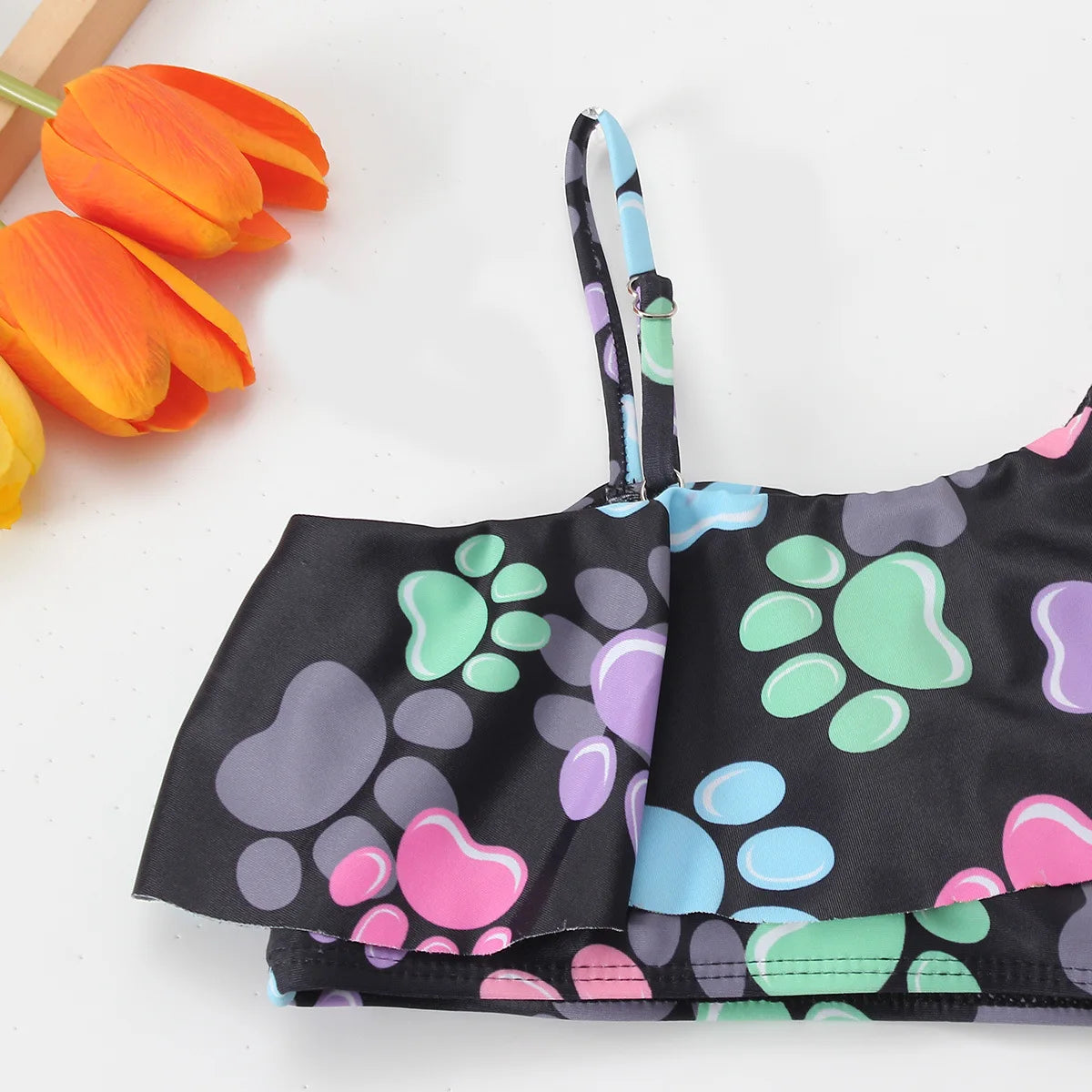 Girls Ruffle Bikini Two Pieces Swimsuit Kids Cat Footprints One Shoulder Children's Swimwear 7-12Years Bathing Suit