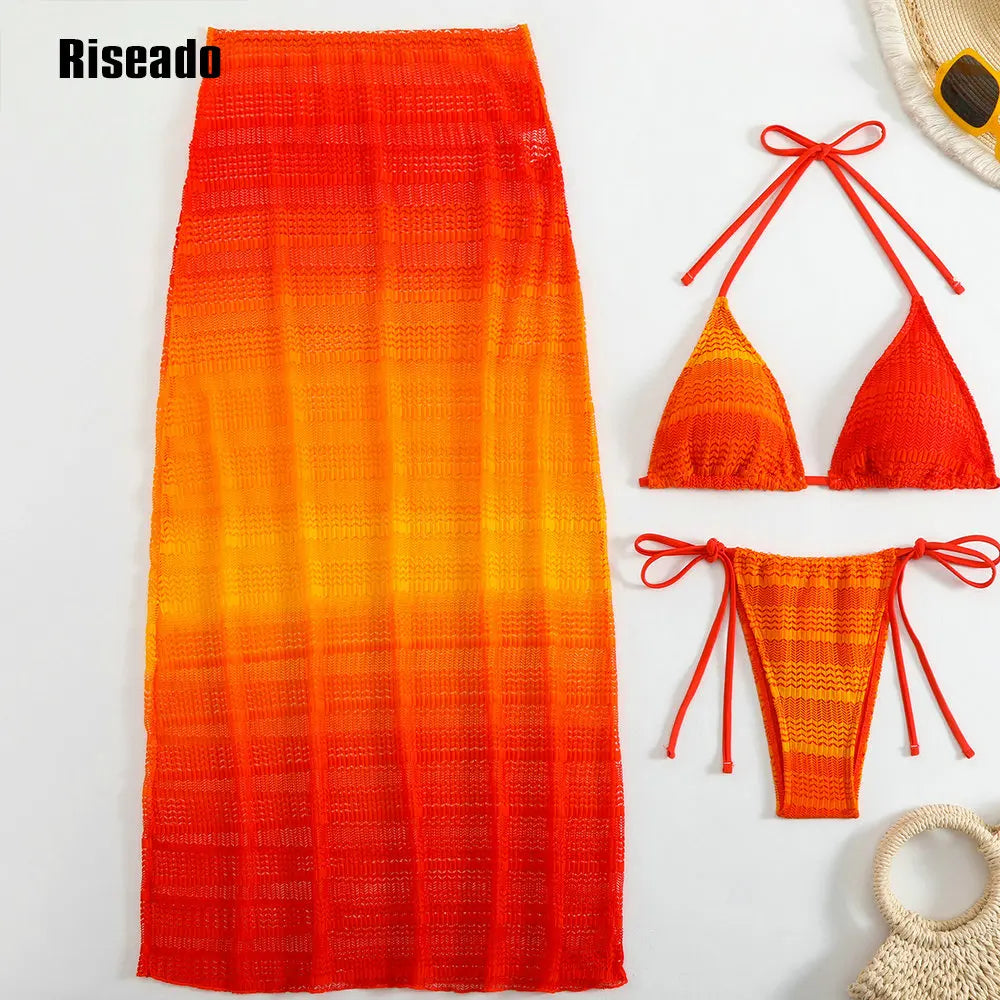 Women's Halter Neck Cut Out 3 Pieces Swimwear Sexy Bikini Set with Mesh Maxi Skirt ,Pool Party Outfit