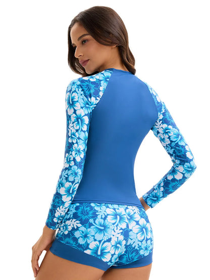 Women's Long Sleeve Rash Guard Set UPF 50+ High Waist Swimwear with Printed Cover-Up Rash Guard 3-Piece Surf Outfit