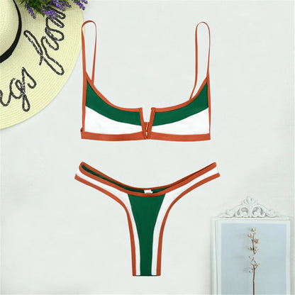 S - XL Splicing V Shaped High Leg Cut Bikini Female Swimsuit Women Swimwear Two-pieces Bikini set Bather Bathing Suit Swim
