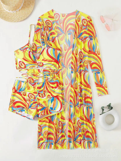 Summer Print Bikinis Swimwear Female Swimsuit Beachwear Push Up Three-Piece Bikini Set Women Swimming Bathing Suit