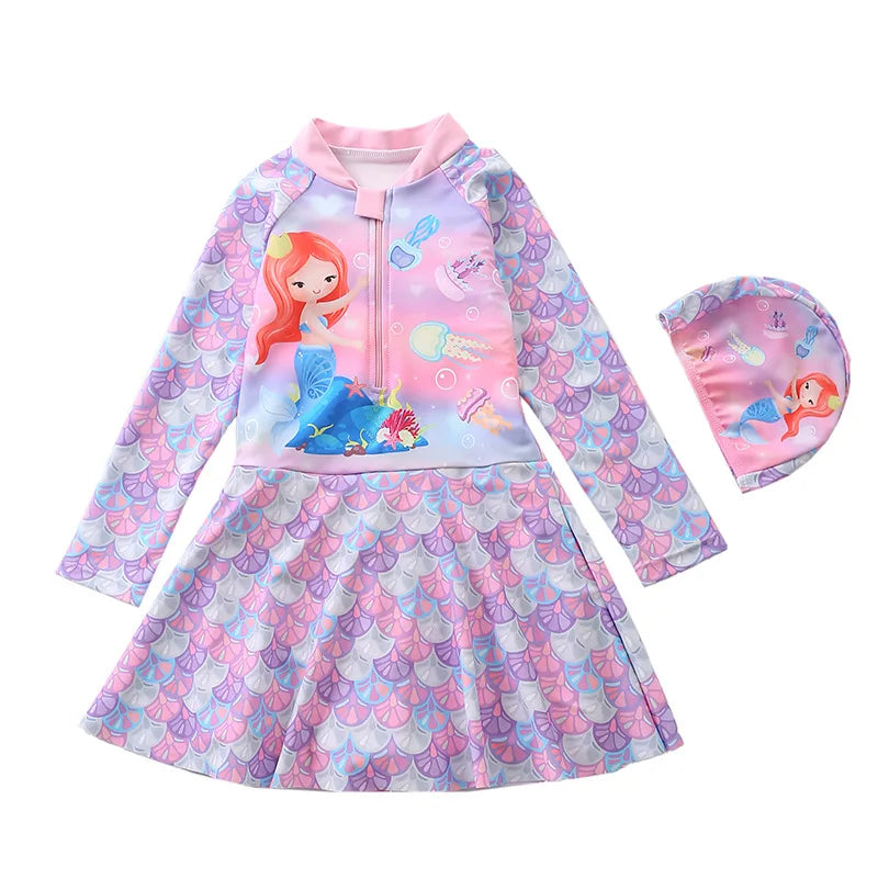 Mermaid Swimsuit for Girls Long Sleeves Children's Swimwear Front Zipper One-Piece Swimming Dresses Summer Beach Bathing Suit