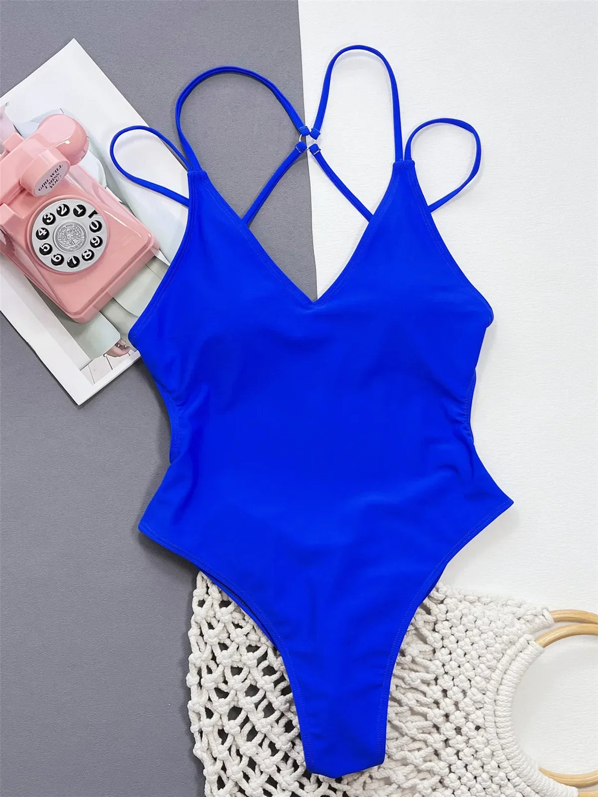 Solid Blue Backless Swimwear One Piece Swimsuit Women Back Cross String Bathers High Cut Bathing Suit