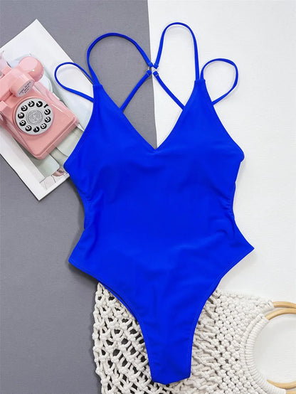Solid Blue Backless Swimwear One Piece Swimsuit Women Back Cross String Bathers High Cut Bathing Suit