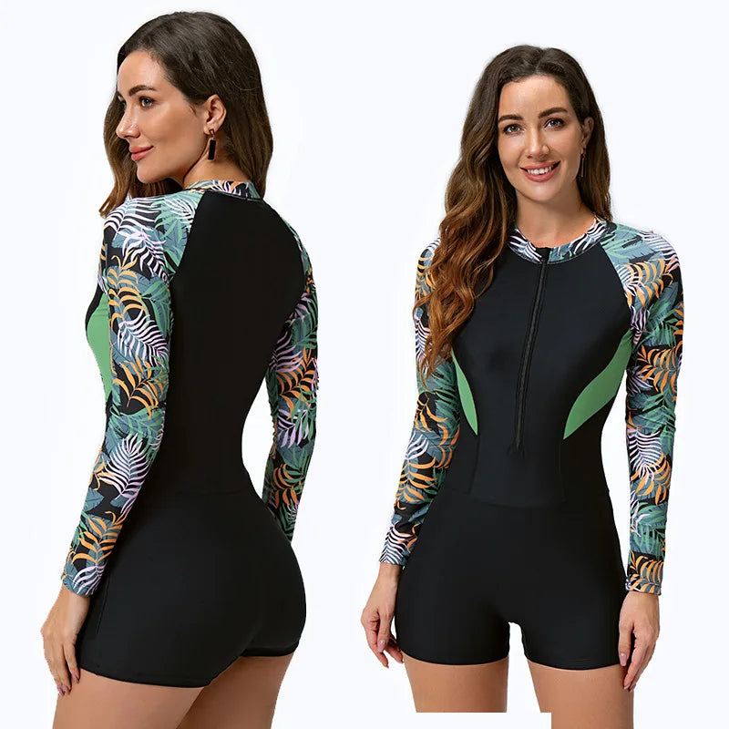 UV Protection Front Zipper Rash guard Women One Piece Swimwear Long Sleeve Swimsuit Surfing Suit Diving Clothes Swimming Suit