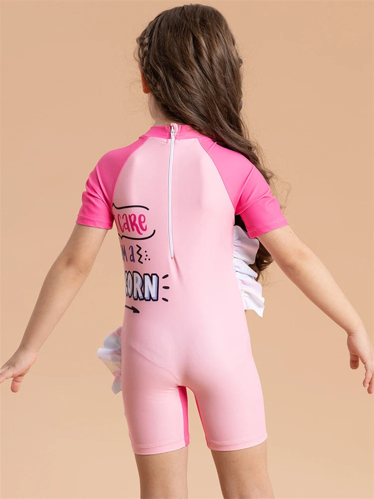 Girls Kids Swimsuit Rainbow Horse Siamese Short Sleeves Children Swimwear Summer One Piece Beach Bathing Suit Swimming