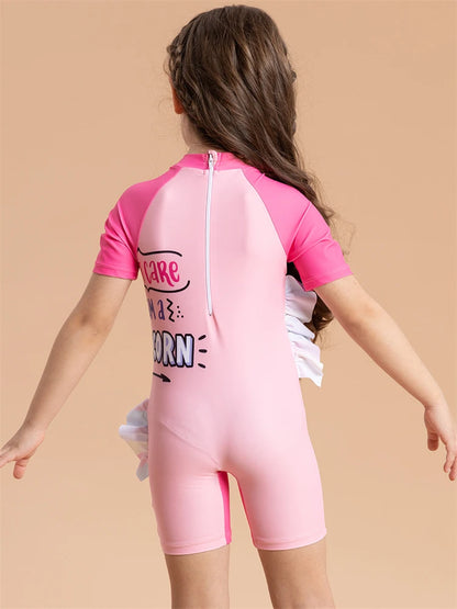 Girls Kids Swimsuit Rainbow Horse Siamese Short Sleeves Children Swimwear Summer One Piece Beach Bathing Suit Swimming