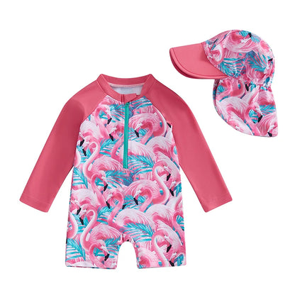 Toddler Girl Long Sleeve Swimsuit Floral/Flamingo Print Half Zipper Non-Pilling Rash Guard Swimwear Sunhat Set
