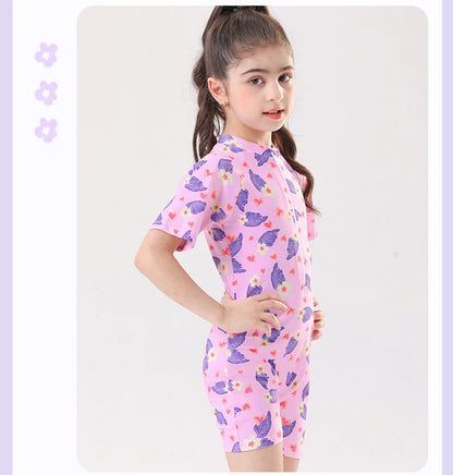 Leaf Print One Piece Girls Swimwear Kids Short Sleeve Swimsuit With Front Zipper Summer Children Swimming Suit Beachwear