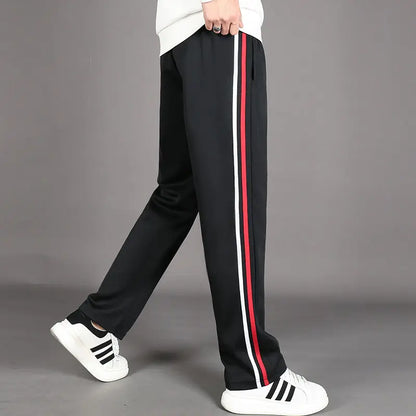 Red White Stripes Casual Sports Pants Solid Elastic Waist Pockets Durable Breathable Straight Trousers
