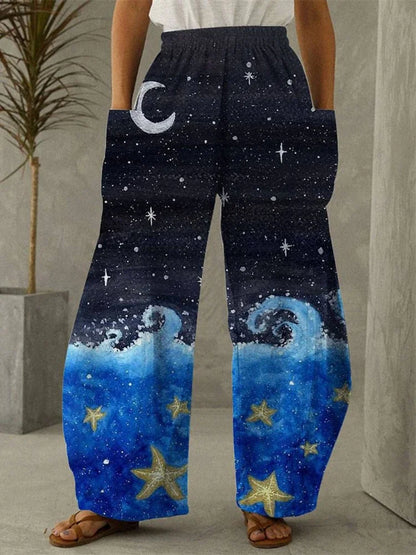 Galaxy Moon Stars Full Length Wide Leg Pants Printed Thin Hipster Fashion Trousers Summer Streetwear Sweatpants Women Clothing