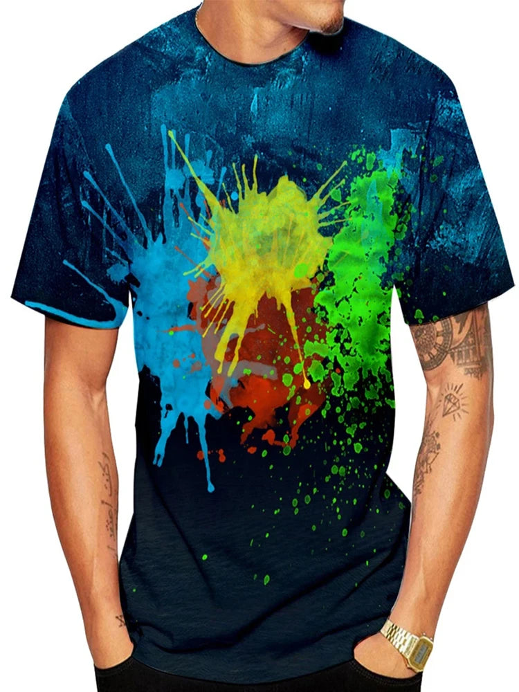 Rainbow Paint Splash Men's Printed T-shirt Hip Hop Street Fashion Harajuku Round Neck Comfortable Short Sleeve Top