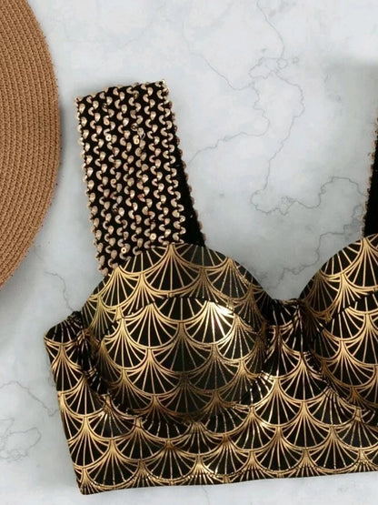 Metallic Stitch Strap Bikini  Women Push Up Gold print Swimsuit Female High Waist Swimwear Bathers Bathing Suit Beachwear