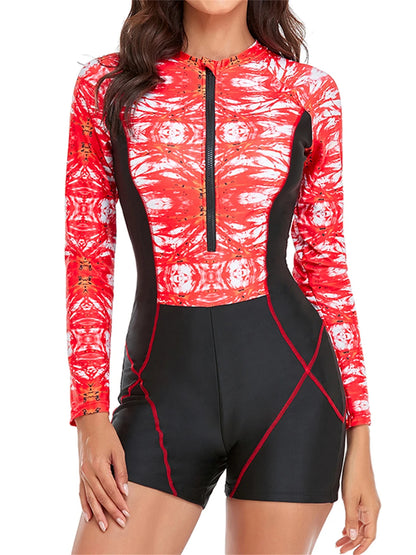 Surfing Swimwear Long Sleeve Print Swimsuit Women Zipper One Piece Rash guard Diving Clothes Female Bather Swimming Bodysuit