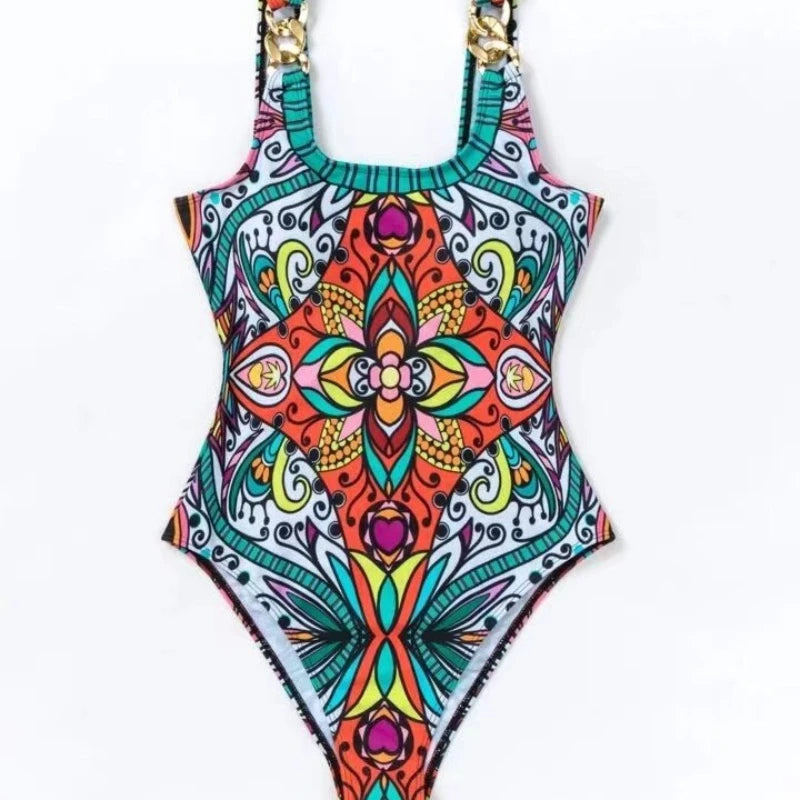 Fashionable Swimsuit 2024 Women's Retro Printed Push Up Swimsuit with One Piece Swimsuit Women