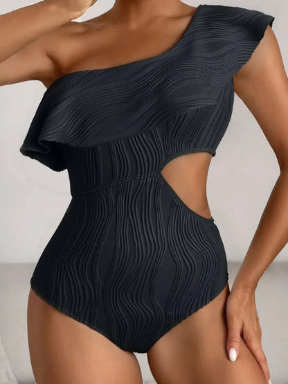 One Shoulder Solid Swimsuit Women One Piece Ruffle Ribbed Swimwear Female Hollow Bathers Bathing Swimming Suit Padded Beachwear