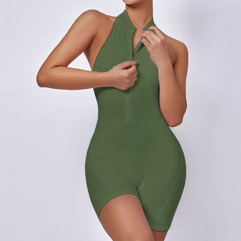 V Cut Zip Up Rompers Scrunch Butt Yoga Sets Racerback Jumpsuit for Women Fitness Gym Clothing Workout Open Back Sports Suit
