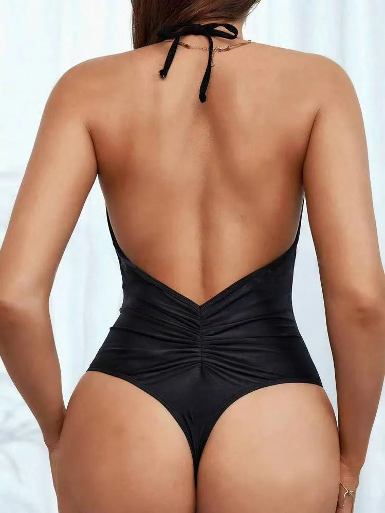 Halter Swimsuit One Piece Backless Solid Swimwear Women Bathers Bathing Swimming Swim Suit Padded Beachwear Summer