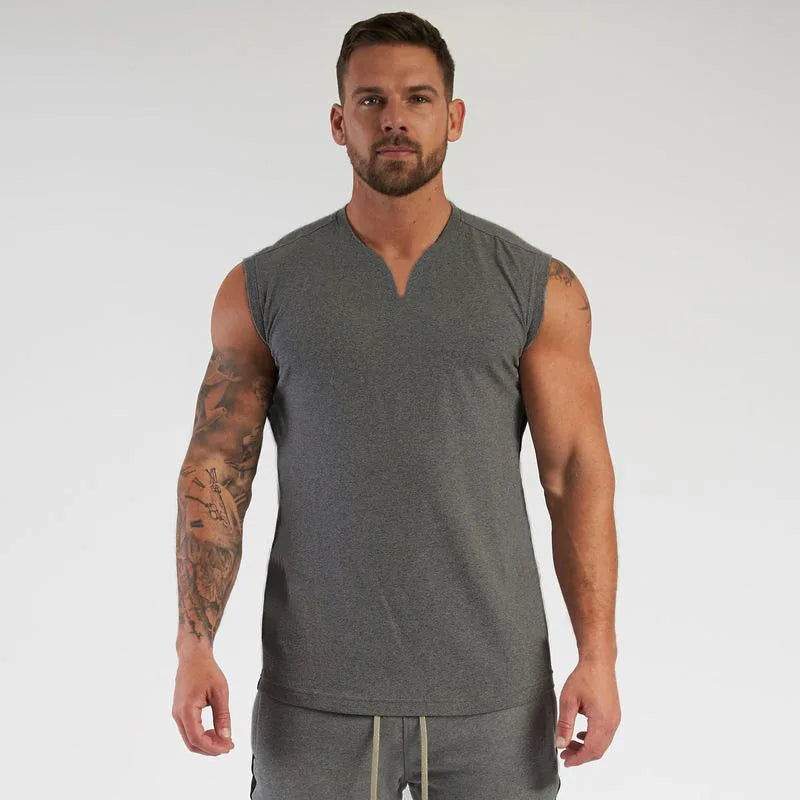 Cotton V-neck Fitness Tank Top Men Summer Muscle Vest Gym Clothing Bodybuilding Sleeveless Shirt Workout Sports Singlets