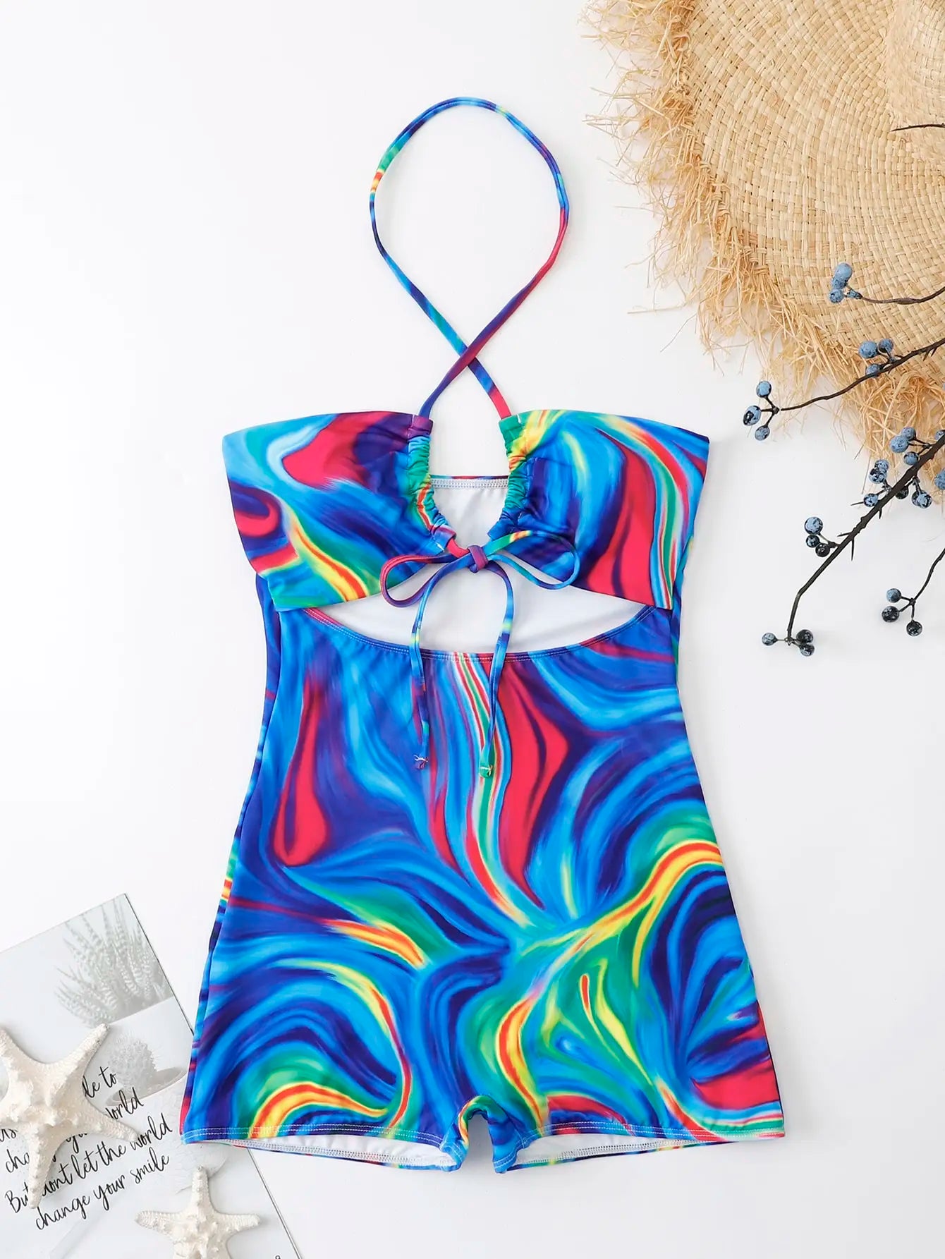 Allover Print Cut-out One Piece Swimsuit Halter Swimwear Women Bathing Suit Female Swimming Summer Beachwear Bodysuit