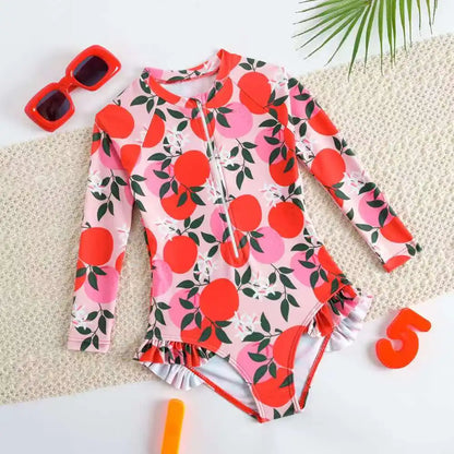 Printed Little Girls Swimsuit One Piece Long Sleeves Kids Swimwear Female Children's Bathers Bathing Swimming Swim Suit