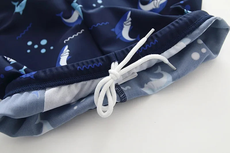Children's Cartoon Shark Short Sleeve Split Swimwear with Swim Cap, Sun Protection Beach Wear, Baby Boys Swimsuit